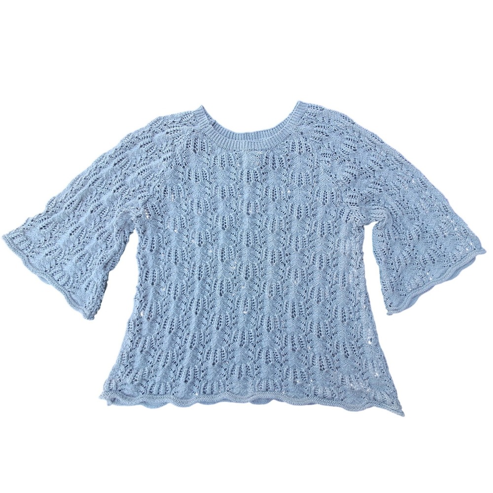 Willi Smith Womens Grey Crochet Knit Pointelle‎ Bell Sleeve Sweater Large
